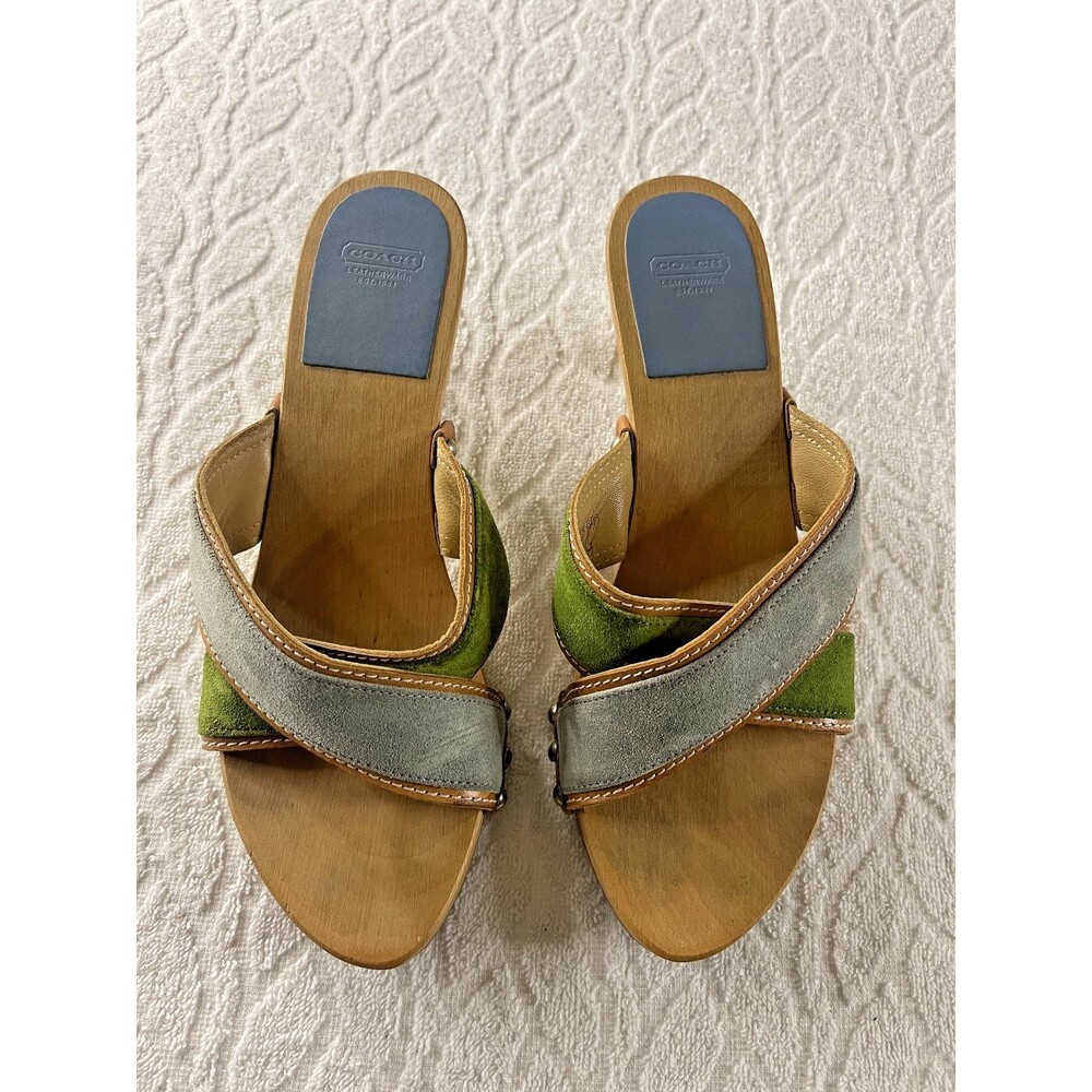 COACH Sz 6 WOMEN'S VINTAGE Y2K WOODEN SANDALS SUEDE & LEATHER CROSS-STRAPS